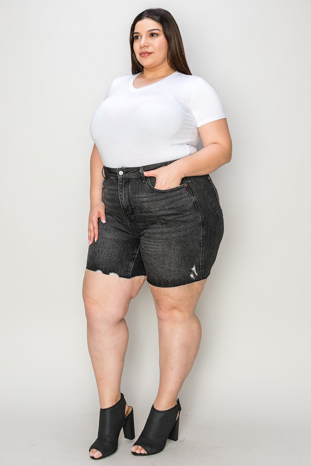 Side View, Plus Size, Judy Blue, High Rise Tummy Control Denim Shorts in Washed Black Style 150252