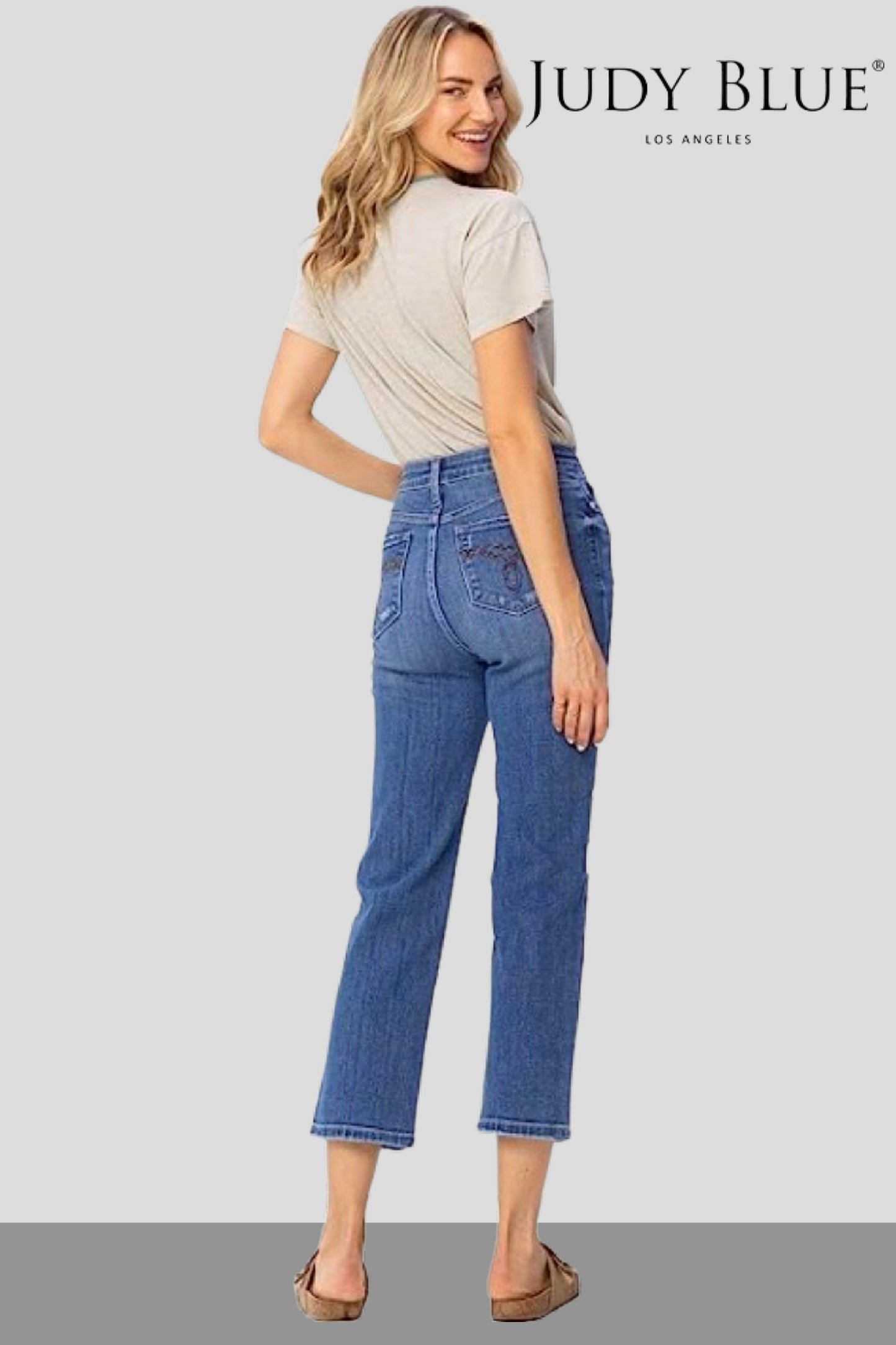 Judy Blue, High-Rise Destroyed Ankle Straight Jeans with Colorful Pocket Embroidery