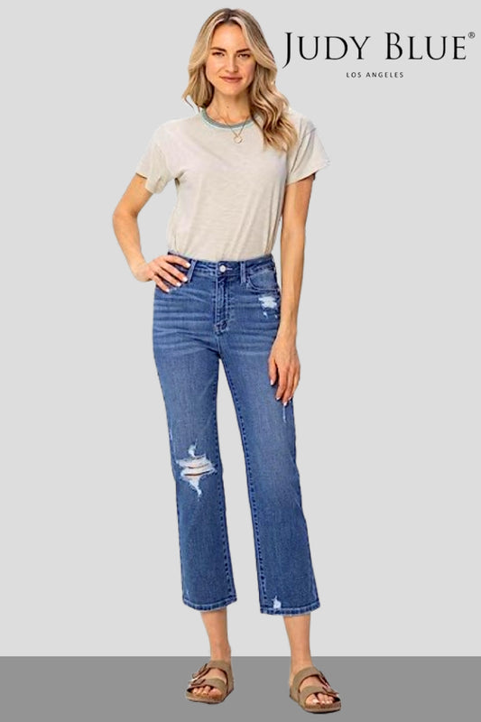 Judy Blue, High-Rise Destroyed Ankle Straight Jeans with Colorful Pocket Embroidery