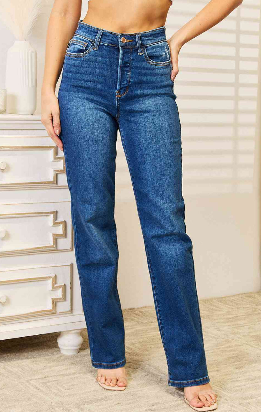 Judy Blue, High-Rise Hidden Button-Fly Straight Leg Dad Jeans