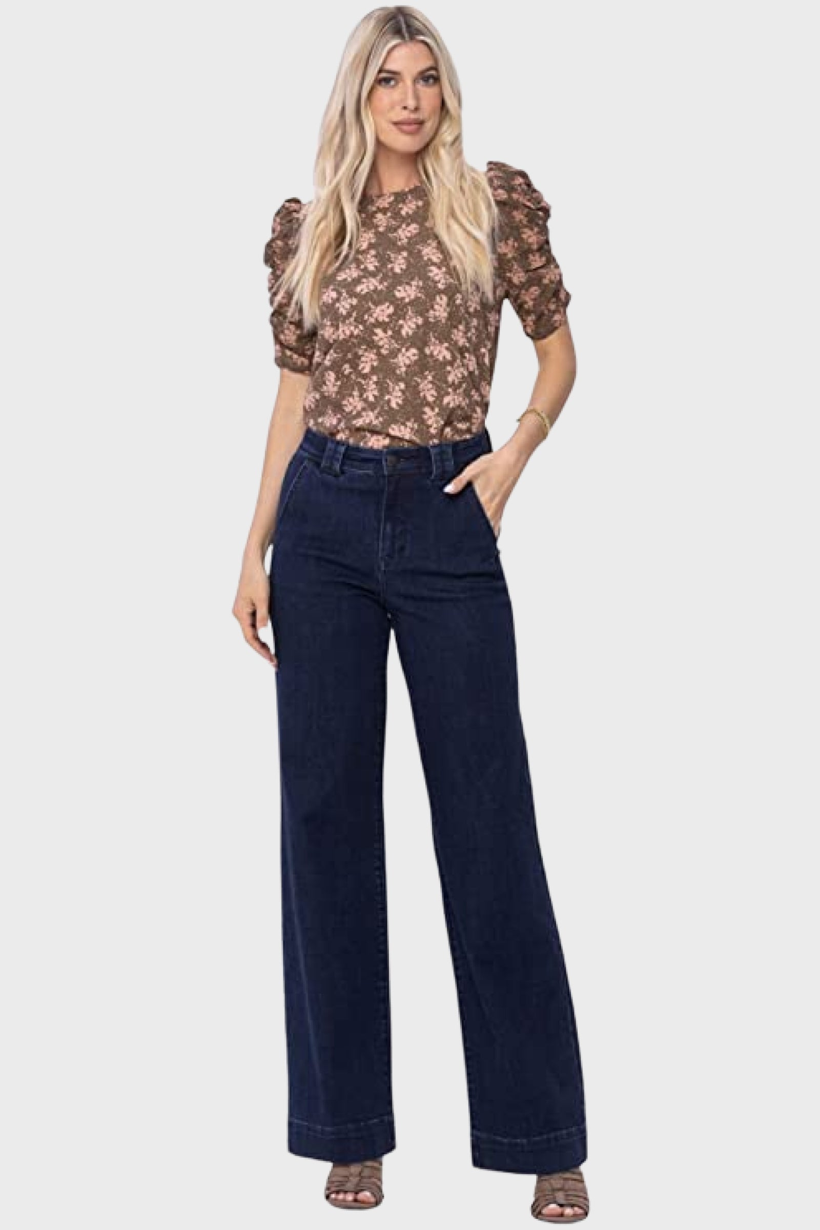 Judy Blue, High-Waisted Clean Wash Trouser Wide Hem Jeans Style 82471