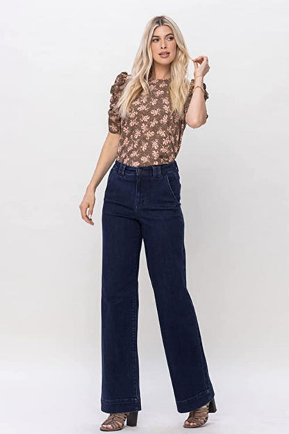 Judy Blue, High-Waisted Clean Wash Trouser Wide Hem Jeans Style 82471