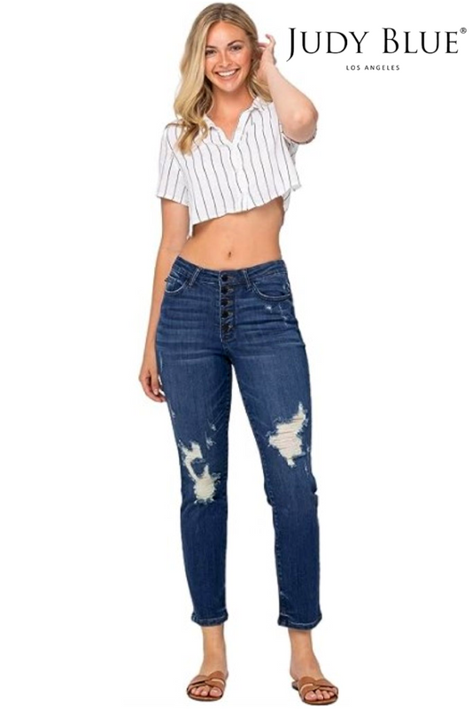 Judy Blue, High Waist Zigzag and Button Fly Destroyed Boyfriend Jeans Style 88526