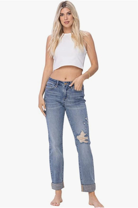 Judy Blue, Mid-Rise Boyfriend Fit with Destroyed Knee, Cuffed Jeans Style 88605