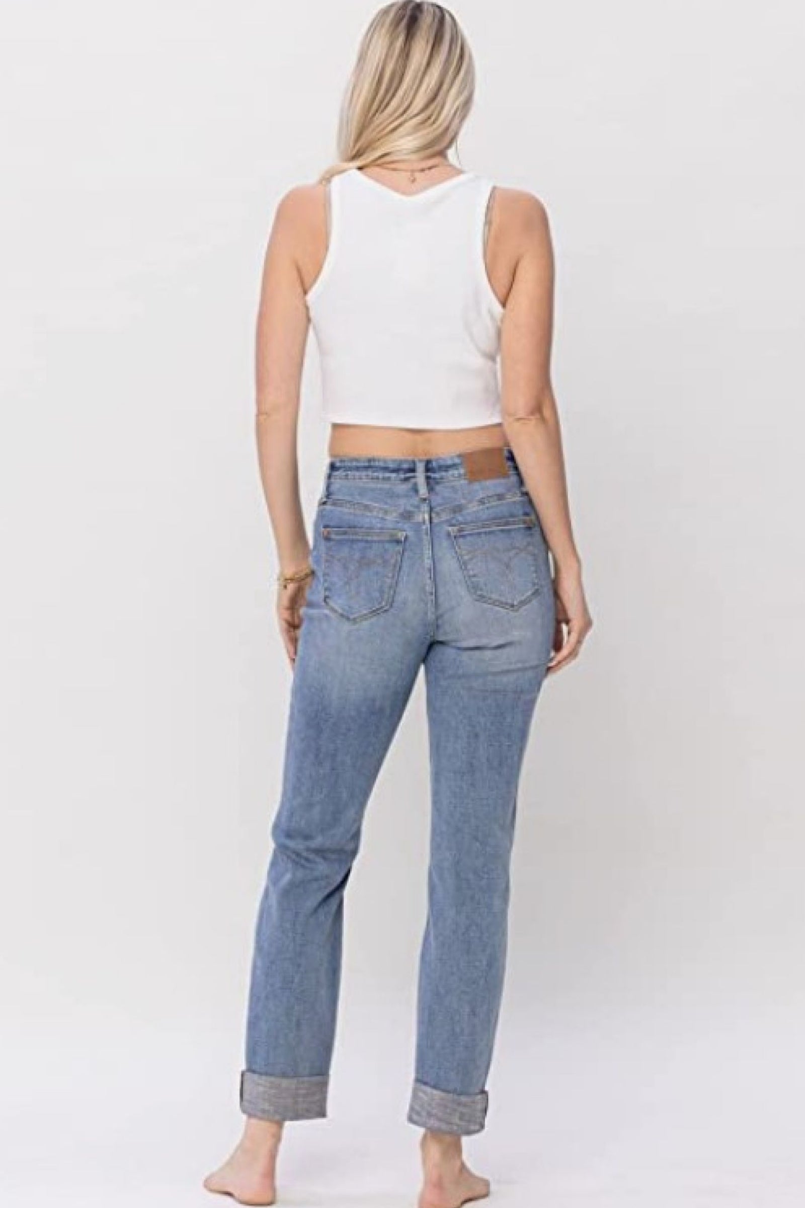 Back View, Judy Blue, Mid-Rise Boyfriend Fit with Destroyed Knee, Cuffed Jeans Style 88605