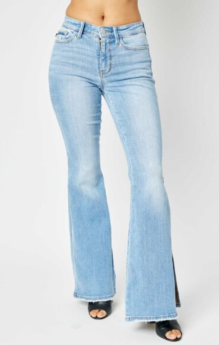 Judy Blue, Mid Rise Raw Hem Slit Flare Jeans Style 82601