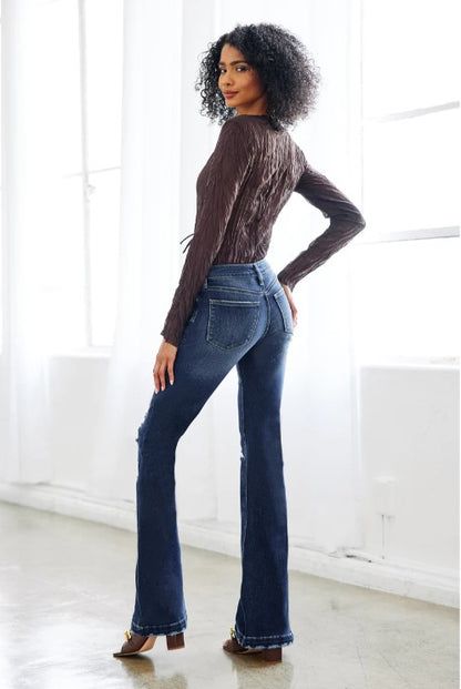 Back View, Kancan Women's Mid Rise Distressed Button Front Flare - KC6327