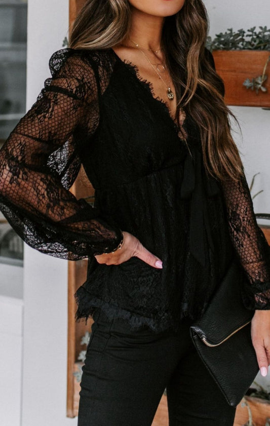 Lace Detail Plunge Long Sleeve Blouse In Black