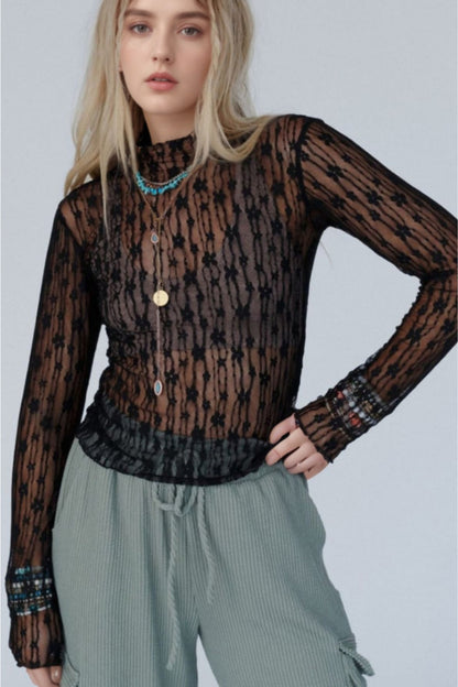 Lace See-Through Long Sleeve Blouse