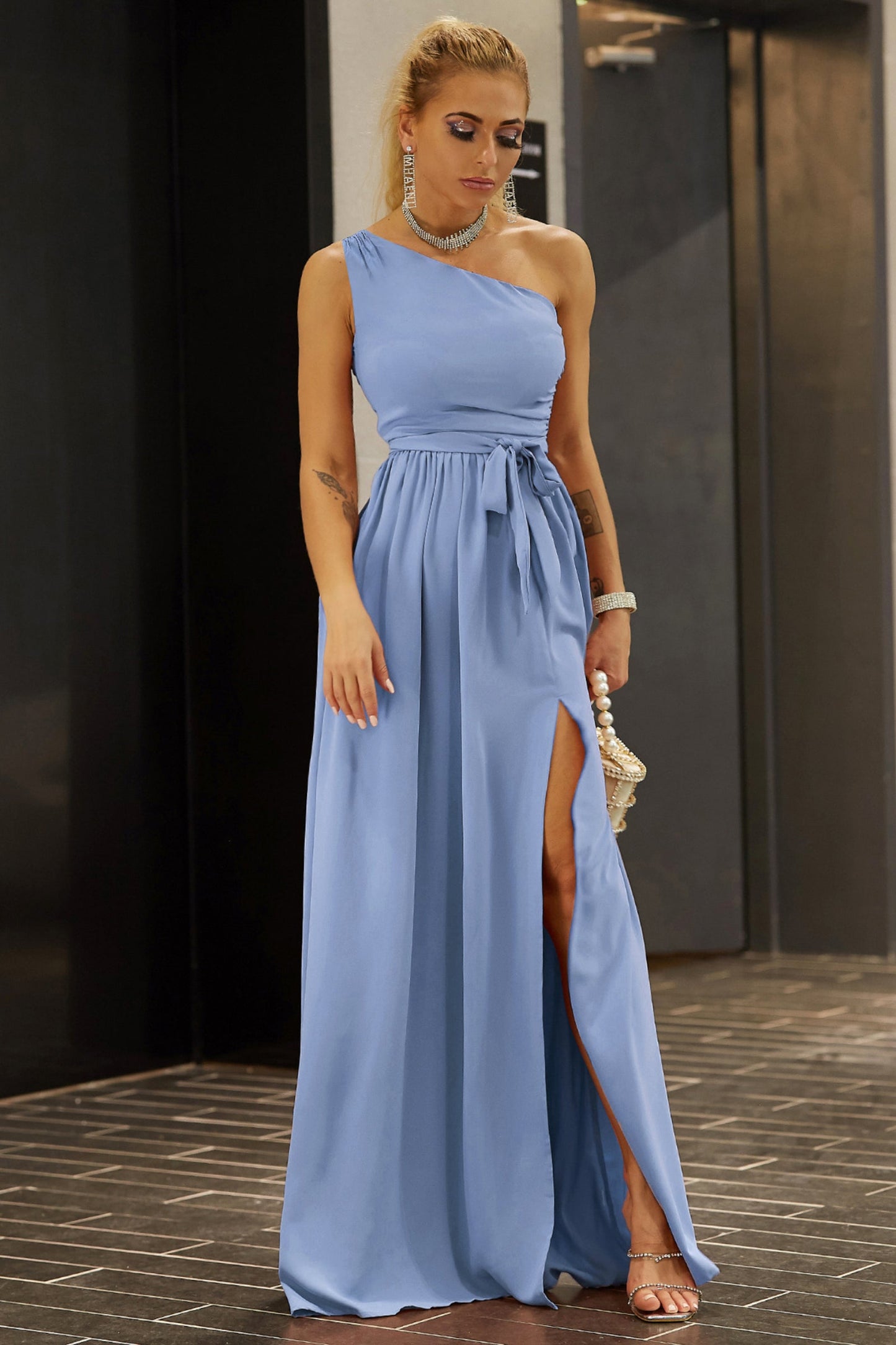 One-Shoulder Belted Front Split Dress In Blue