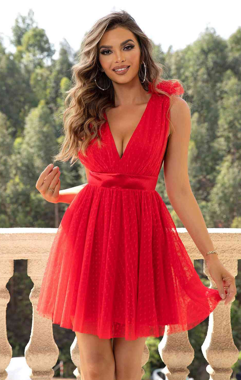 Open Back Sleeveless Black Mesh Dress In Red