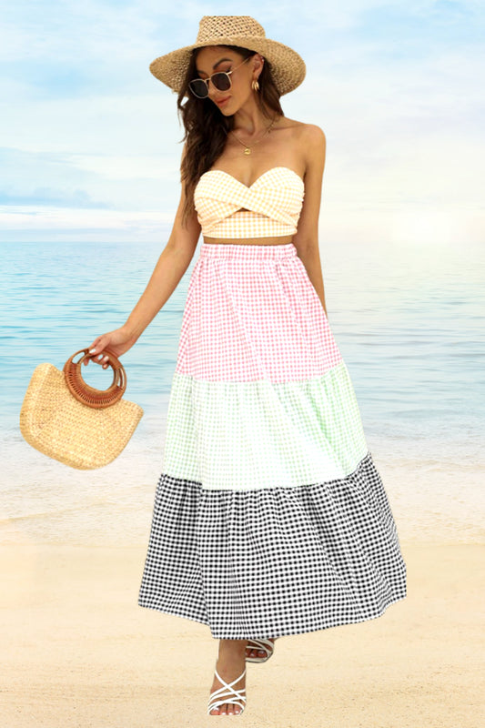 Plaid Strapless Top and Skirt Set