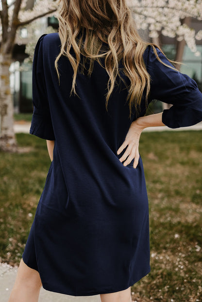 Back View, Puff Sleeve Notched Mini Shift Dress In Dark Navy
