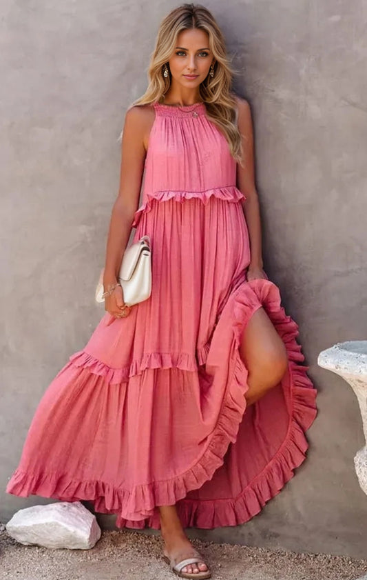 Ruffled Sleeveless Tiered Maxi Dress with Pockets In Burnt Coral
