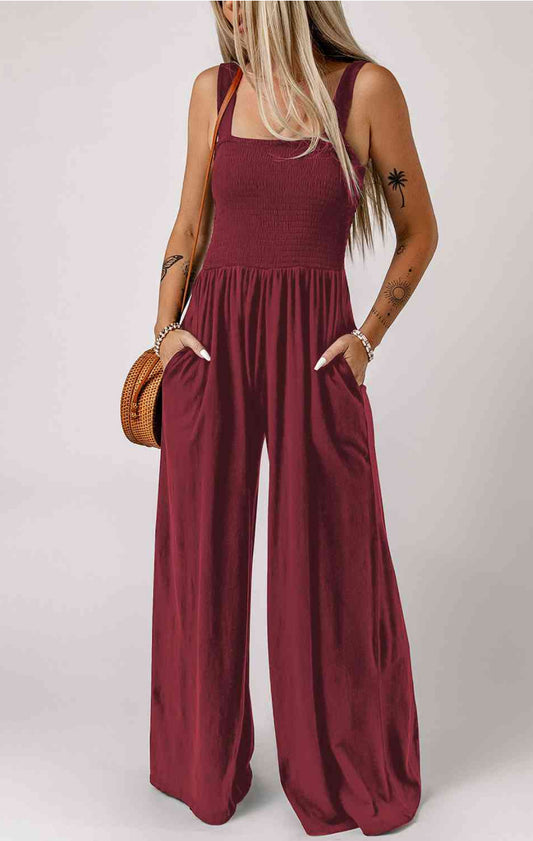 Smocked Square Neck Wide Leg Jumpsuit with Pockets