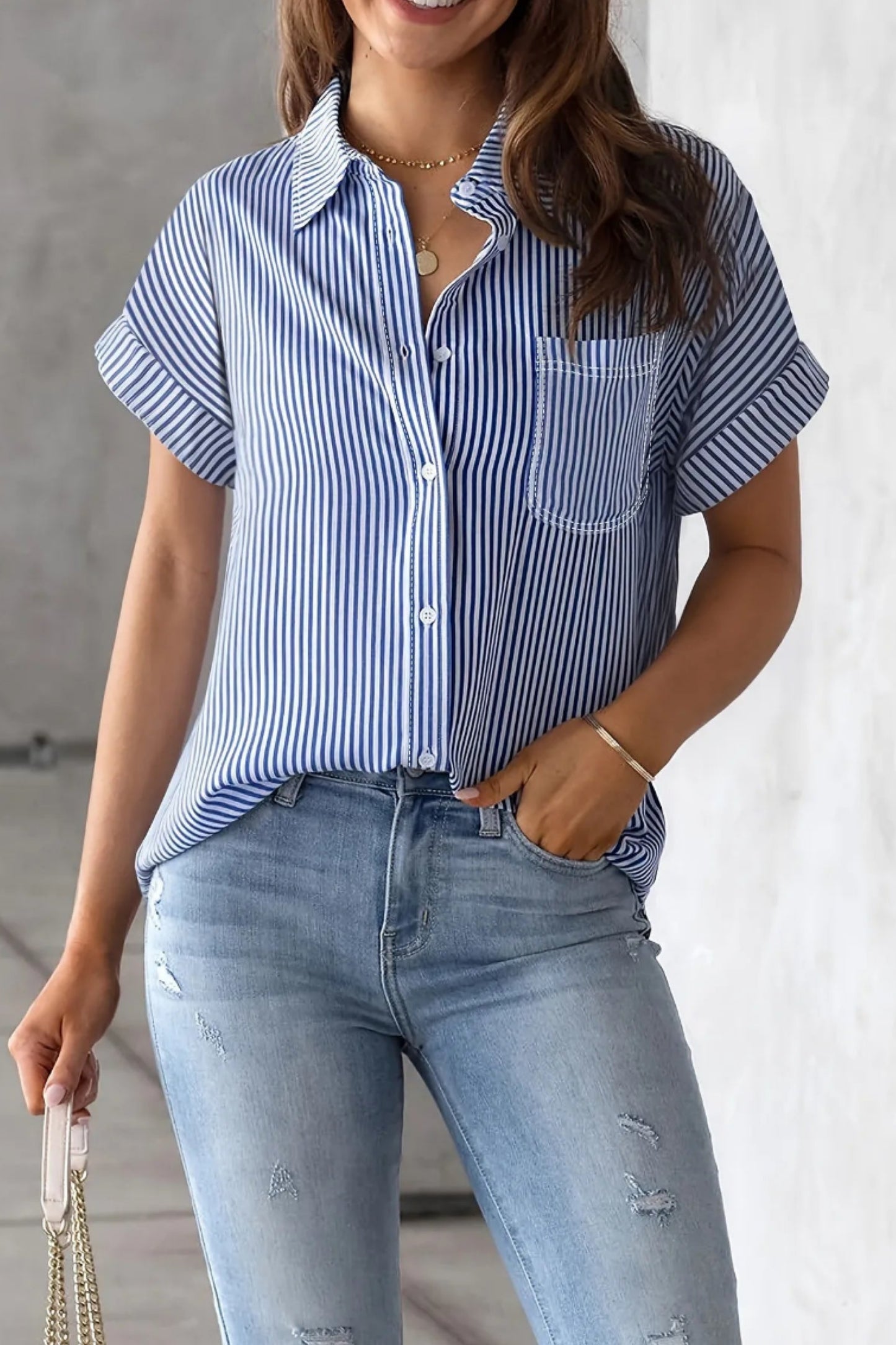 Striped Button-Up Casual Shirt with Pocket