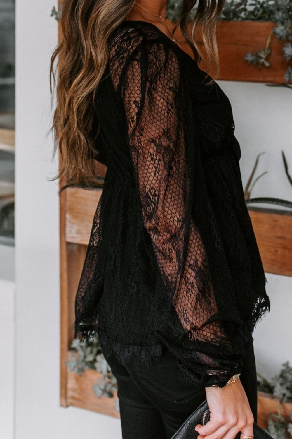 Side View, Lace Detail Plunge Long Sleeve Blouse In Black