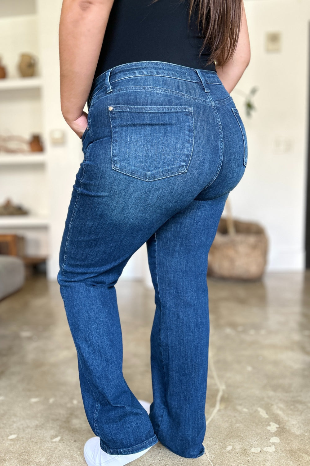 Back View, Judy Blue, Plus Size Mid Rise Tummy Control Straight Leg Jeans Style 88861