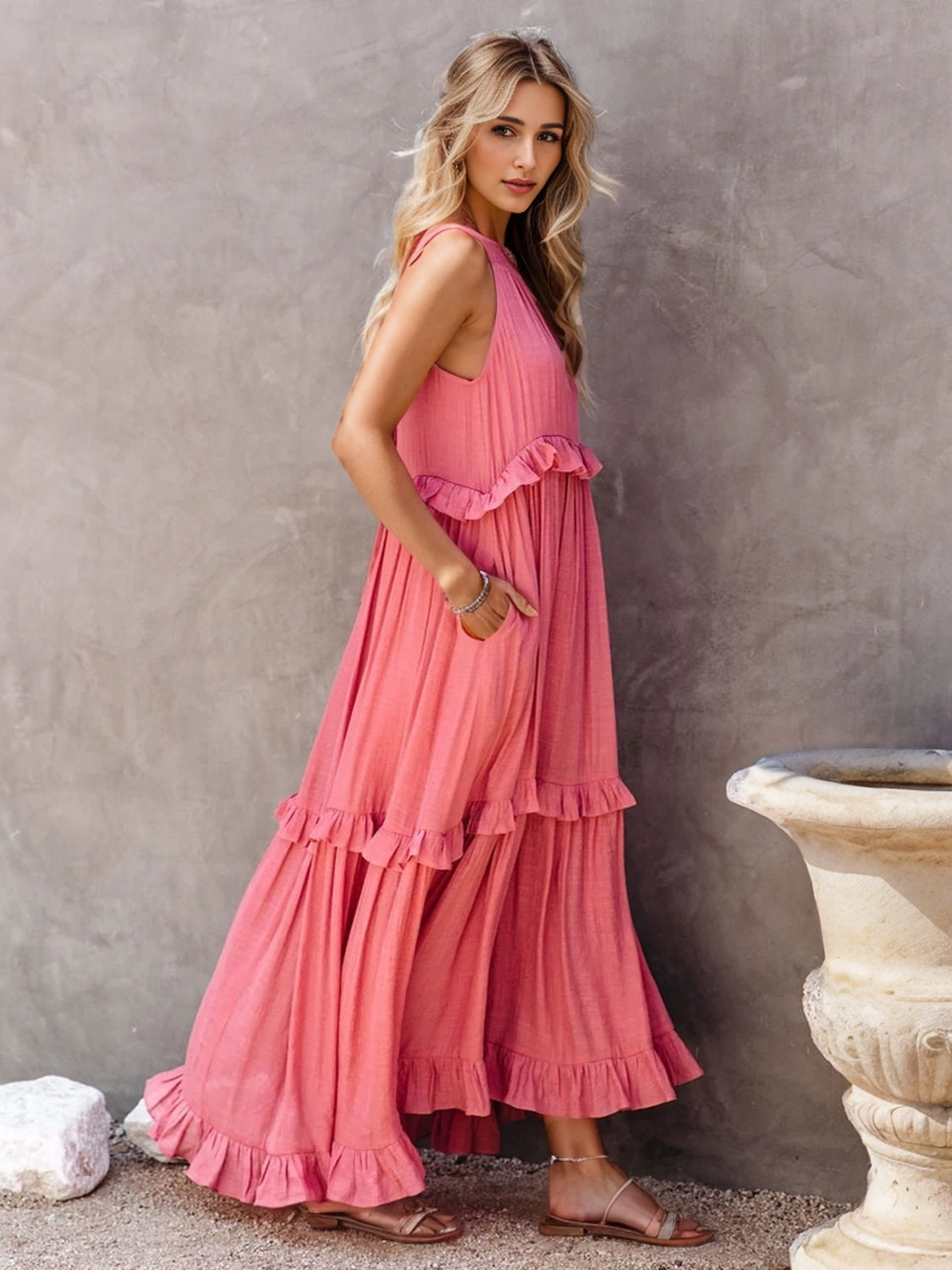 Side VIew, Ruffled Sleeveless Tiered Maxi Dress with Pockets In Burnt Coral