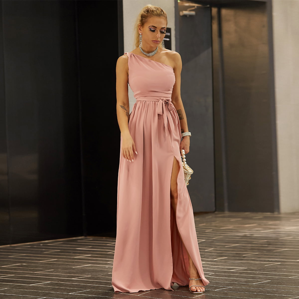 One-Shoulder Belted Front Split Dress In Peach