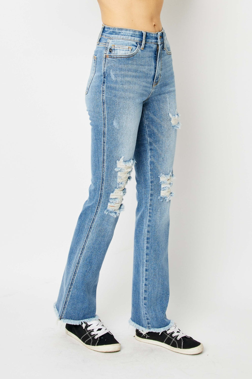Side VIew, Judy Blue, High Waist Frayed Hem Bootcut Jeans Style 82542