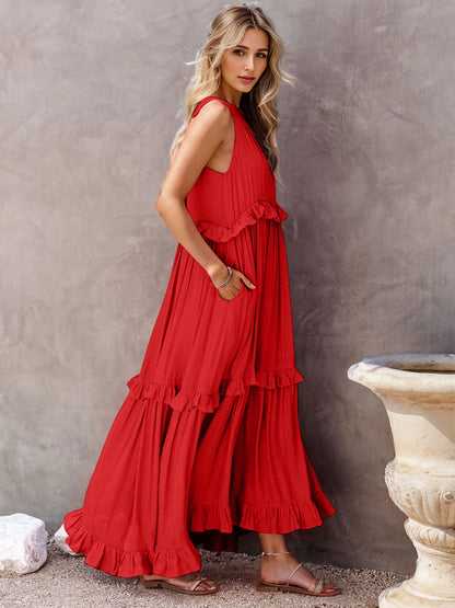 Side VIew, Ruffled Sleeveless Tiered Maxi Dress with Pockets In Red