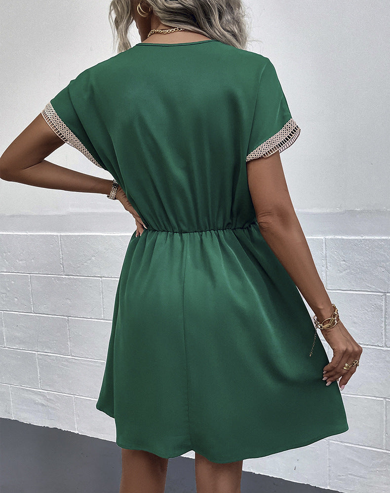 Back View, Contrast V-Neck Tassel Tie Dress In Green