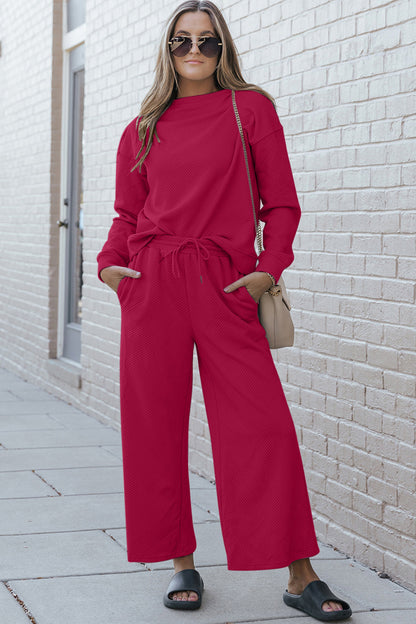 Double Take, Textured Long Sleeve Top and Drawstring Pants Set