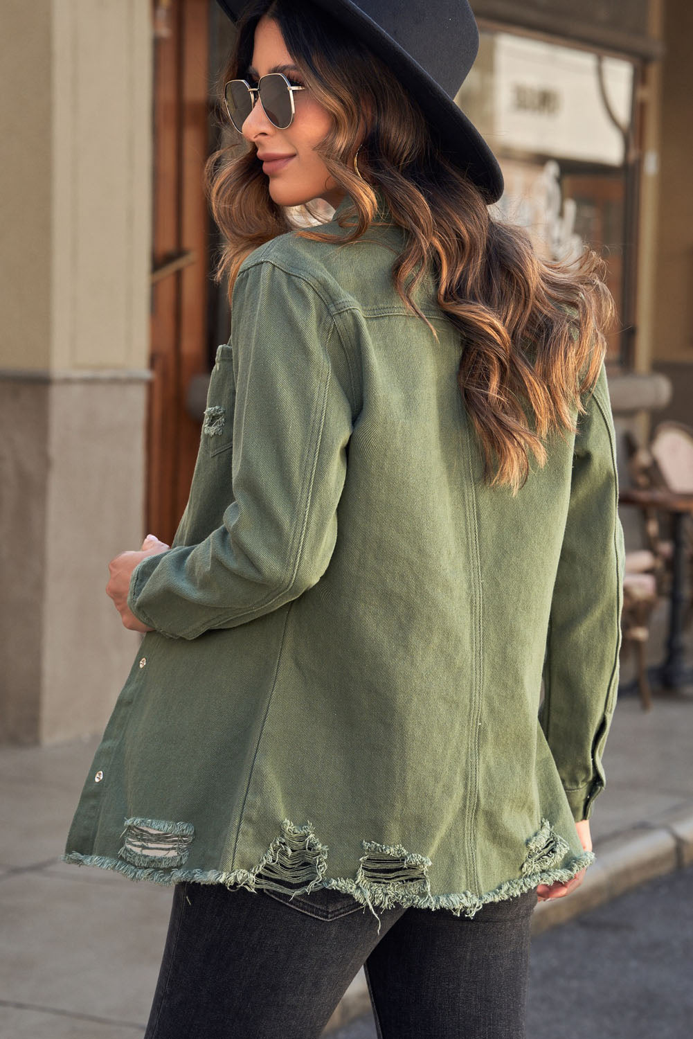 Back View, Distressed Snap Down Denim Jacket In Olive