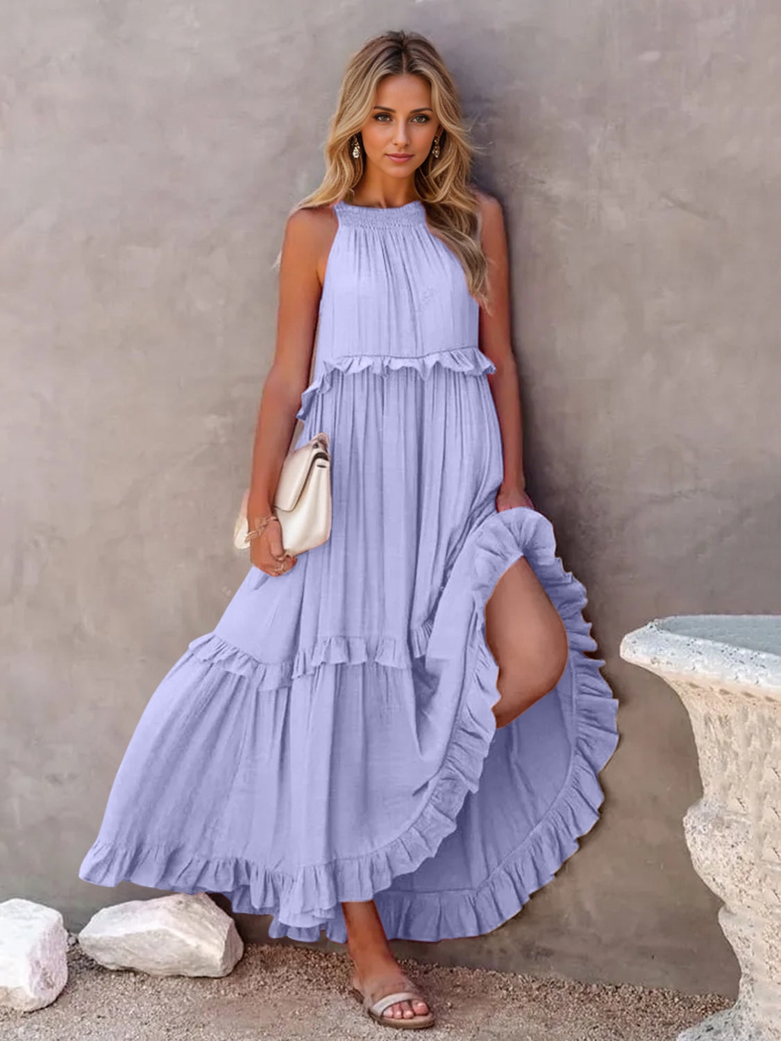 Ruffled Sleeveless Tiered Maxi Dress with Pockets In Lilac