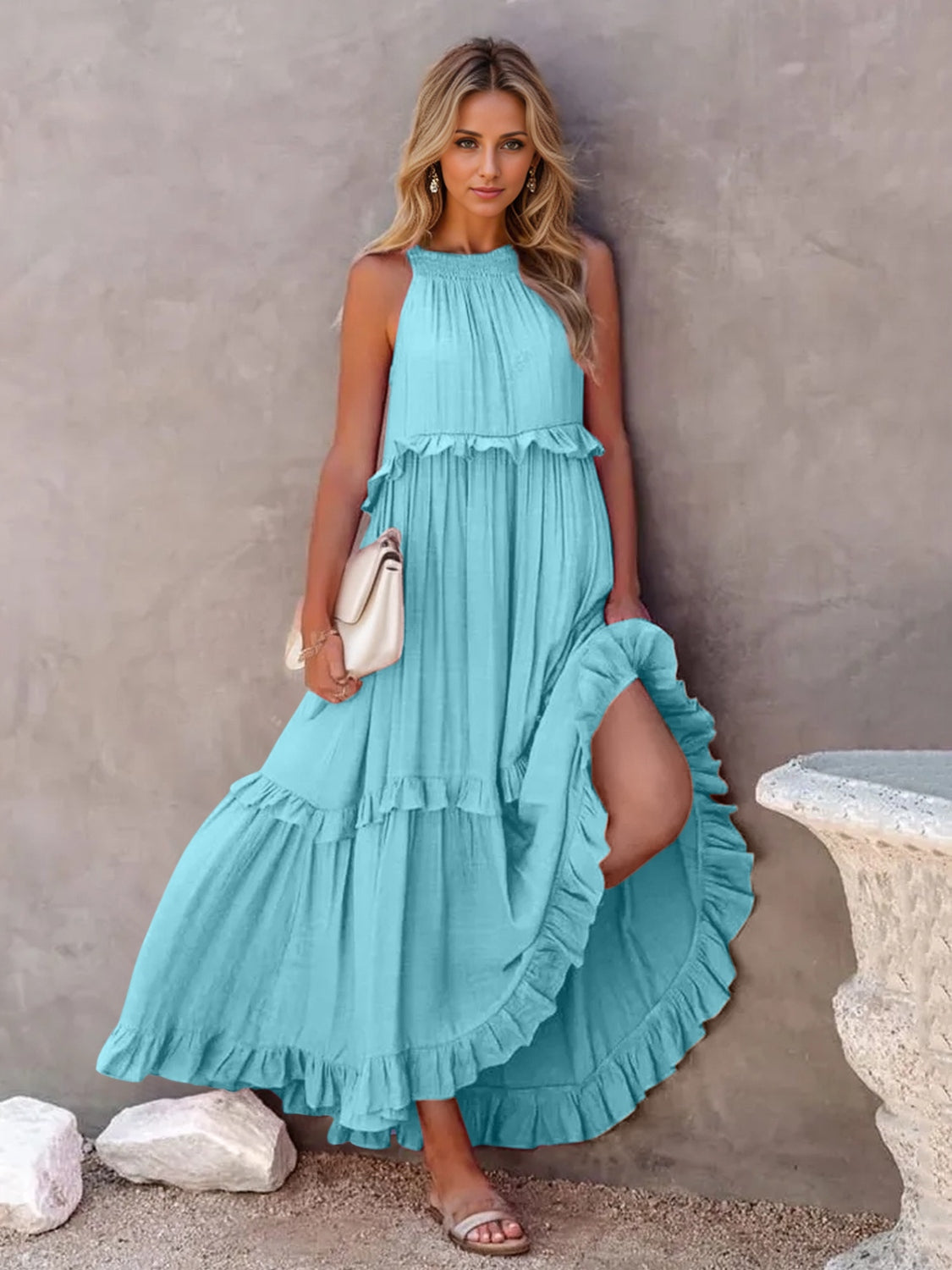 Ruffled Sleeveless Tiered Maxi Dress with Pockets In Sky Blue