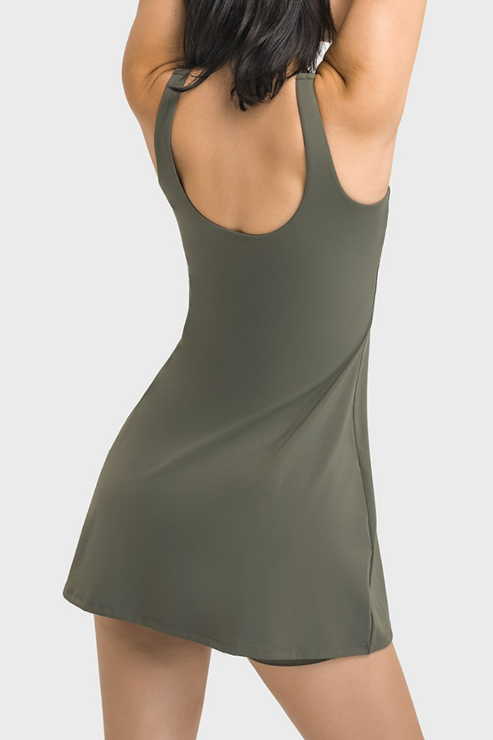 Side View, Square Neck Sports Tank Dress with Full Coverage Bottoms In Sage