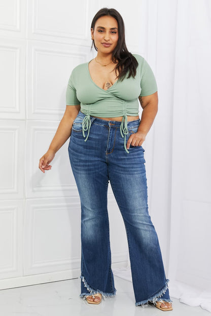 Capella, Back To Simple Full Size Ribbed Front Scrunched Top in Green