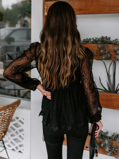 Back View, Lace Detail Plunge Long Sleeve Blouse In Black