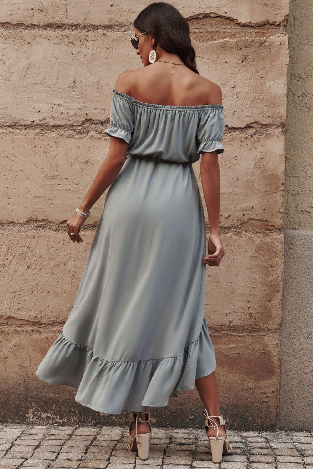 Back View, Off-Shoulder Drawstring Waist Ruffled High-Low Dress In  Mid Gray