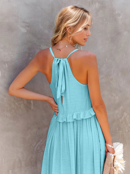 Back View, Ruffled Sleeveless Tiered Maxi Dress with Pockets In Sky Blue