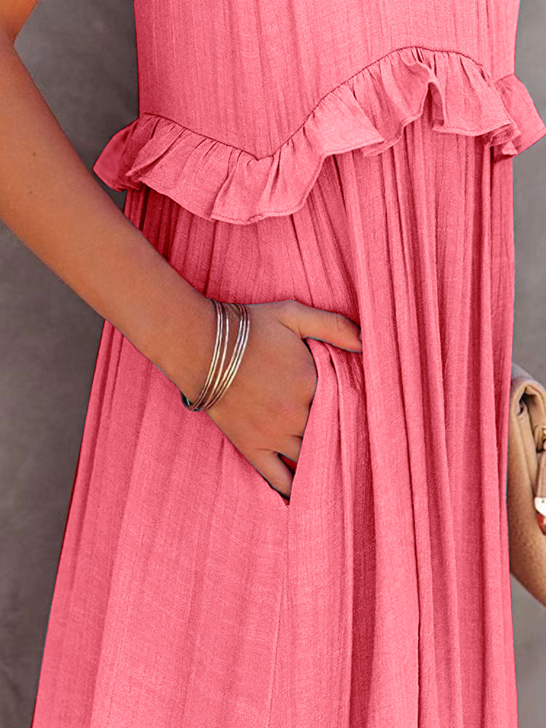 Close-Up, Ruffled Sleeveless Tiered Maxi Dress with Pockets In Burnt Coral