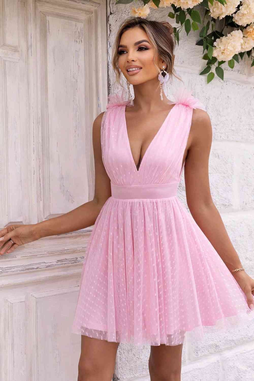 Open Back Sleeveless Black Mesh Dress In Carnation Pink