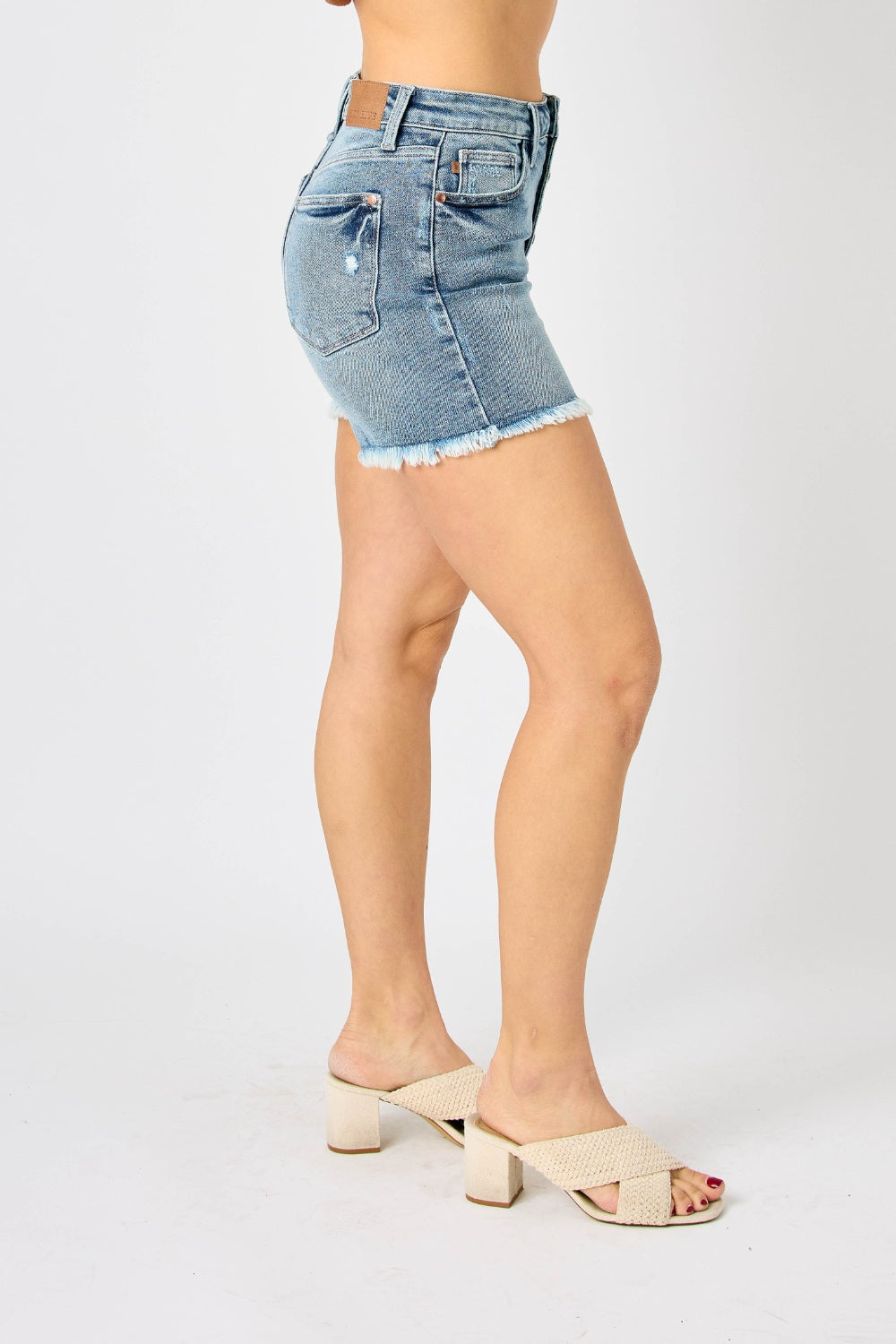 Side VIew, Judy Blue, High-Waist Faded Blue Cut-Off Jeans Shorts Style 150206
