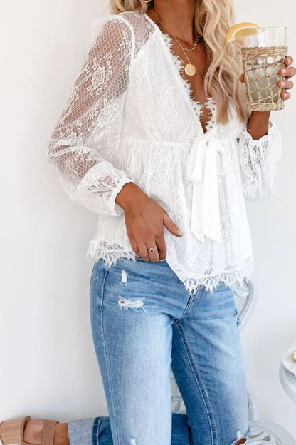 Lace Detail Plunge Long Sleeve Blouse In White