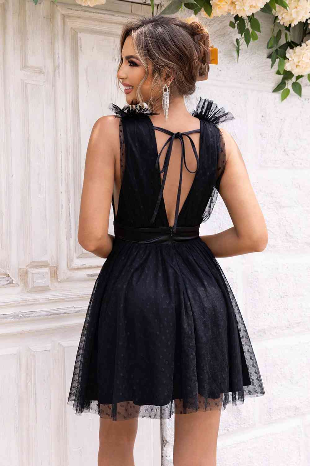 Back View, Open Back Sleeveless Black Mesh Dress In Black