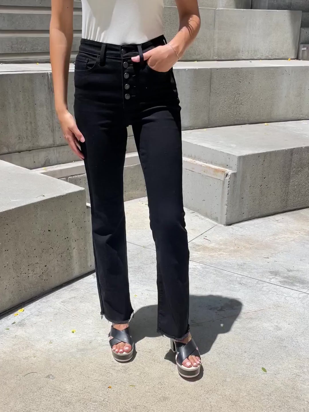 Video, Judy Blue High-Waist Button Fly Raw Hem Bootcut Jeans (Style 82570)