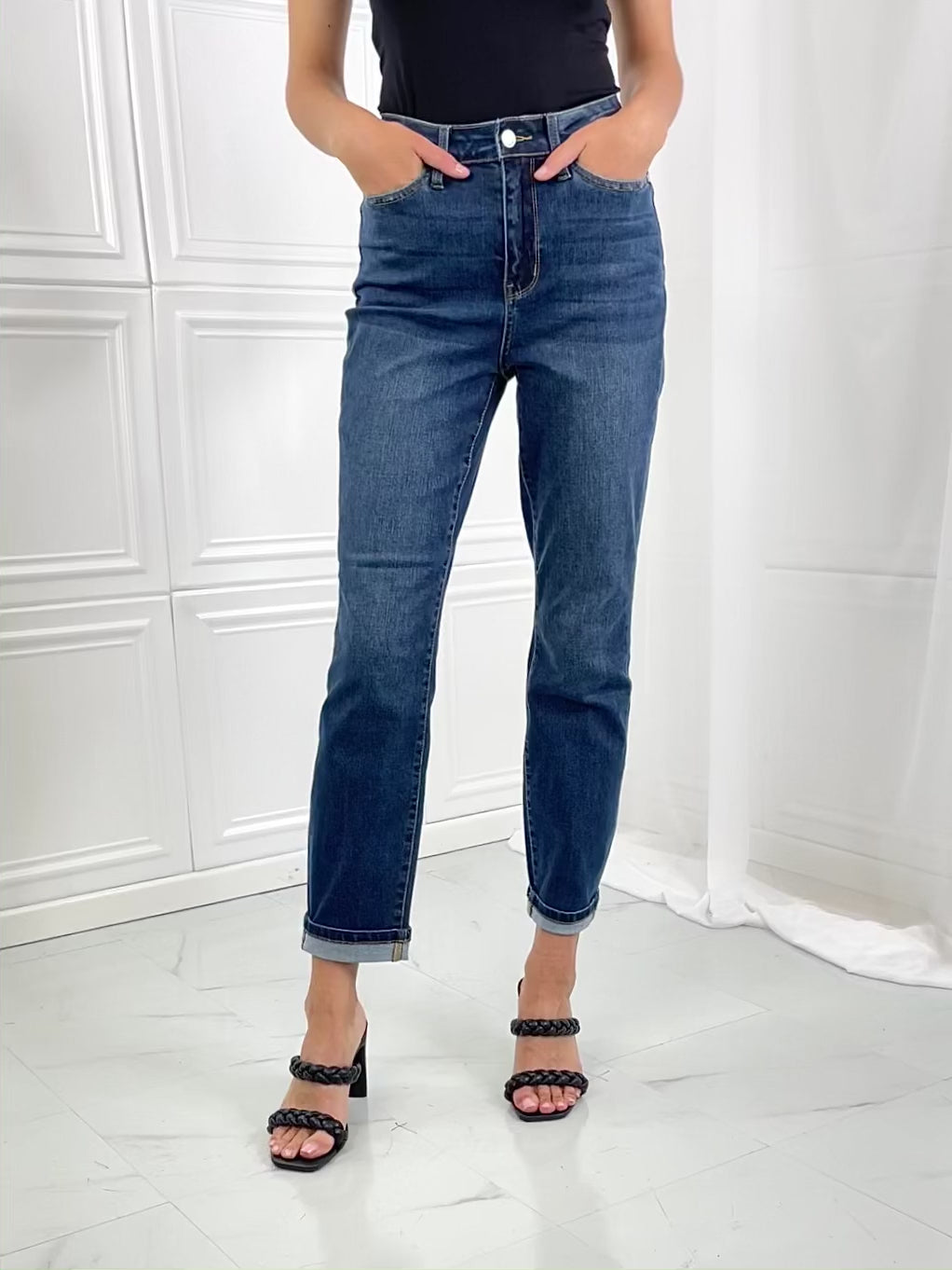 Product Video, Judy Blue, High-Rise Sustainable Cool Denim Cuffed Boyfriend Jeans Style 88608