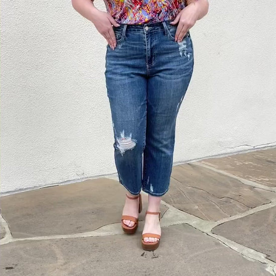 Video, Plus Size, Judy Blue, High-Rise Destroyed Ankle Straight Jeans with Colorful Pocket Embroidery Style 88610