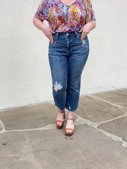 Video, Plus Size, Judy Blue, High-Rise Destroyed Ankle Straight Jeans with Colorful Pocket Embroidery Style 88610