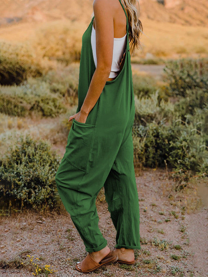 Side View, Double Take, Sleeveless V-Neck Pocketed Jumpsuit In Mid Green