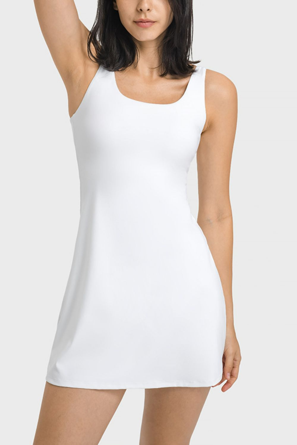 Square Neck Sports Tank Dress with Full Coverage Bottoms In White