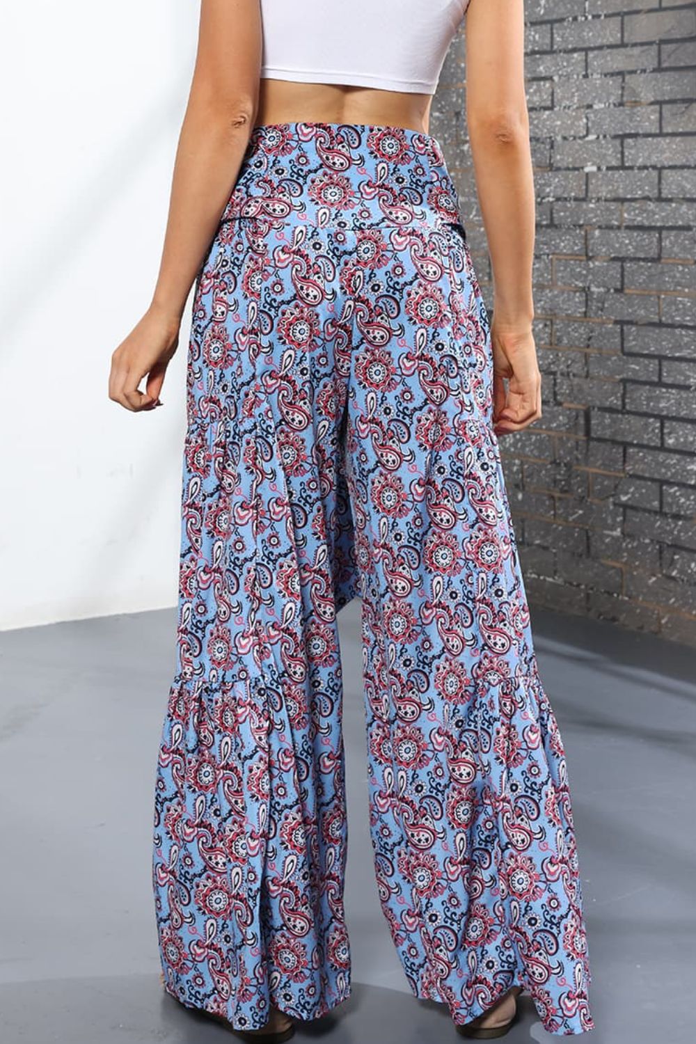 Back View, Printed High-Rise Tied Culottes In Pastel Blue