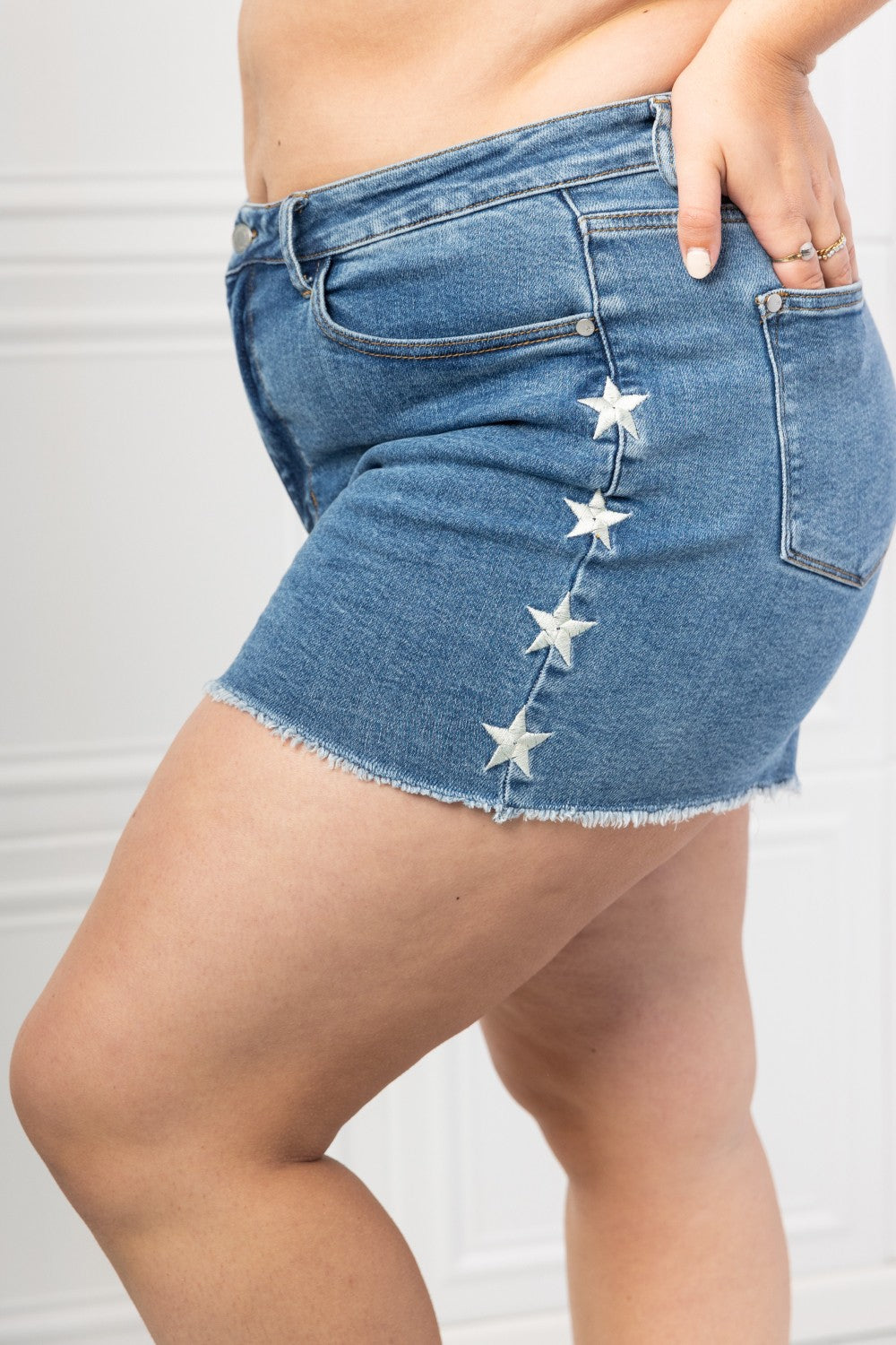 Side VIew, Plus Size, Judy Blue High Waist Embroidered Star Cut Off Jean Shorts 150069