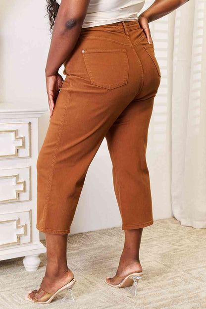 Back View, Plus Size, Judy Blue, High Waist Tummy Control Garment Dyed Wide Crop Jeans